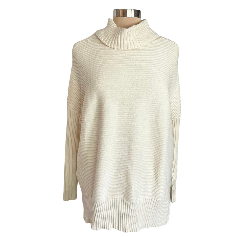 Cream Ribbed Texture Relaxed Turtleneck Sweater MED Minimalist Casual Clean Girl - Picture 2 of 7